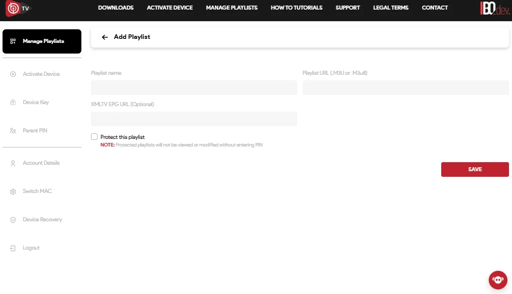 IBO playlist management screen with fields for playlist name and M3U playlist URL