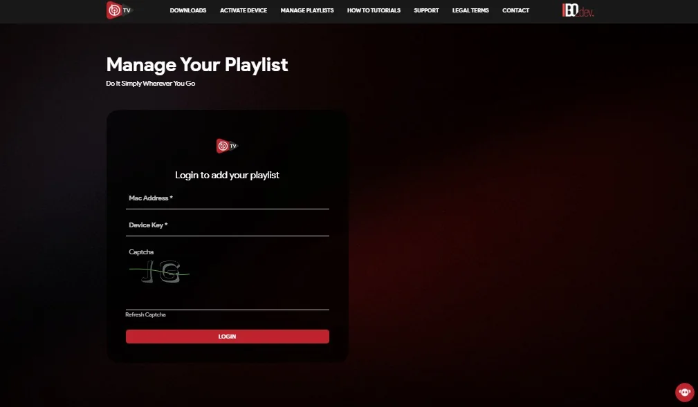 IBO Player device login page with MAC Address and Device Key fields