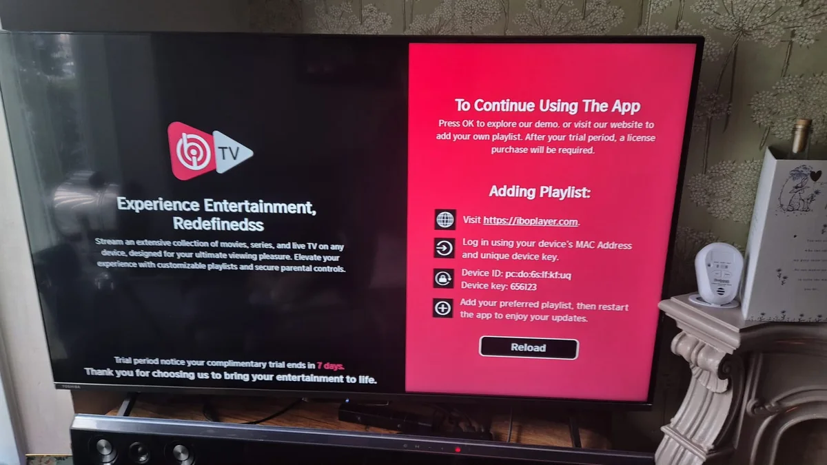 IBO Player screen showing the device MAC Address and Device Key