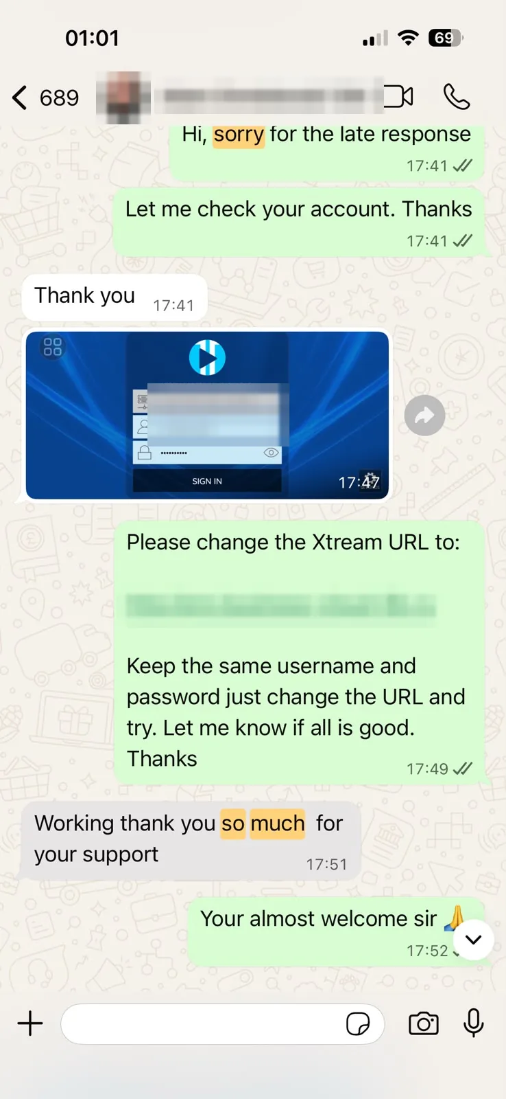 Anonymized WhatsApp customer feedback saying the service is working and thanking Teleget for support.
