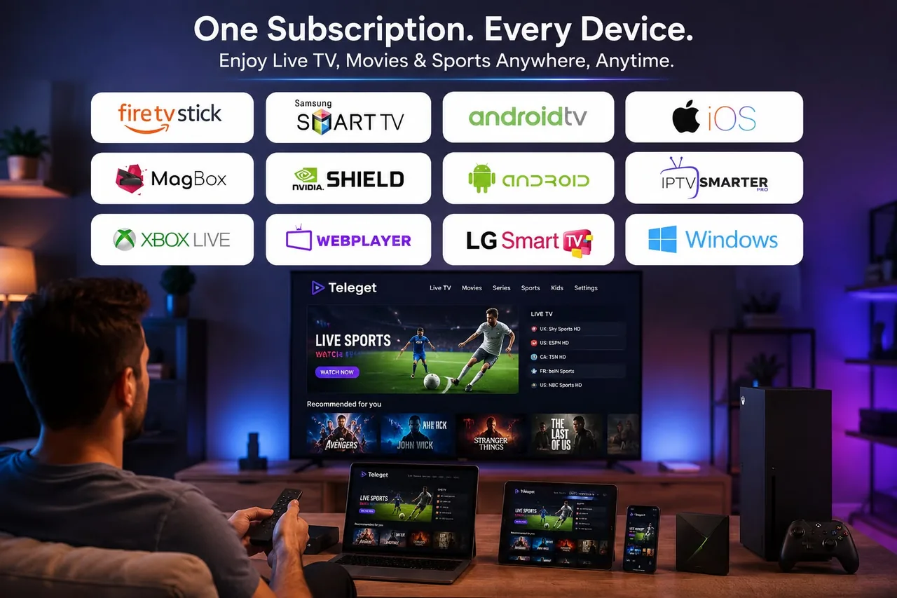 Teleget device compatibility visual with streaming on a TV, laptop, tablet and phone alongside Fire TV, Smart TV, Android TV, Windows and other platform logos.